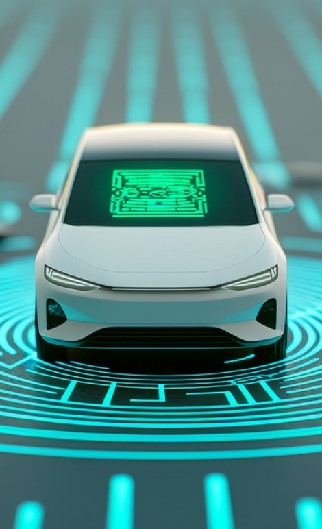 A futuristic car is surrounded by digital signals, illustrating advanced communication in a smart driving environment.